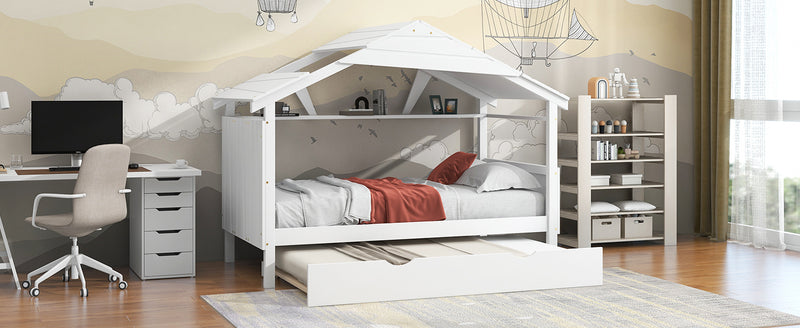 Wood Twin Size House Bed with Trundle and Storage, White