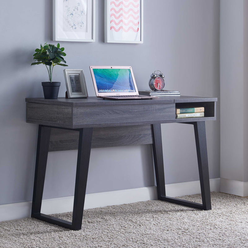 Home Office Desk, Lift-Top Desk With Storage - Distressed Grey & Black