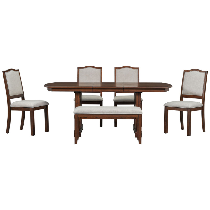 Extendable Wood Dining Table With Removable Leaf, Kitchen Table Set With 4 Upholstered Side Chair And Bench, Dining Table Set For 6 - Cherry