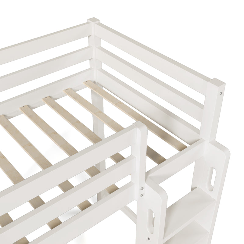 Twin Loft Bed with Wardrobe, Storage Shelves and Ladder, White