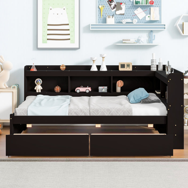 Twin Bed with L-shaped Bookcases,Drawers,Espresso