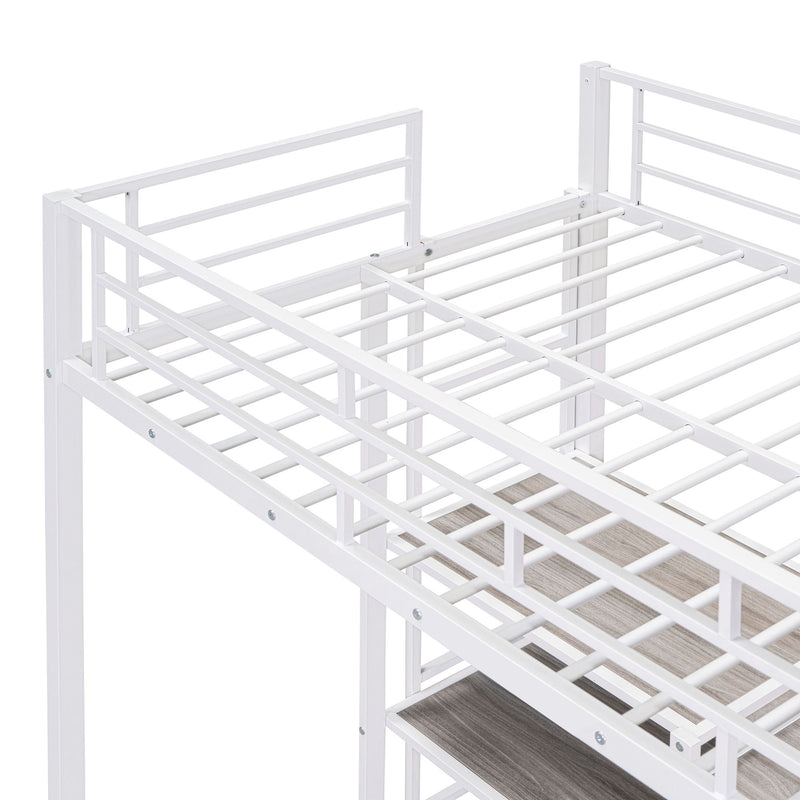 Twin Size Loft Bed With Desk And Whiteboard, Metal Loft Bed With 3 Shelves And Ladder - White