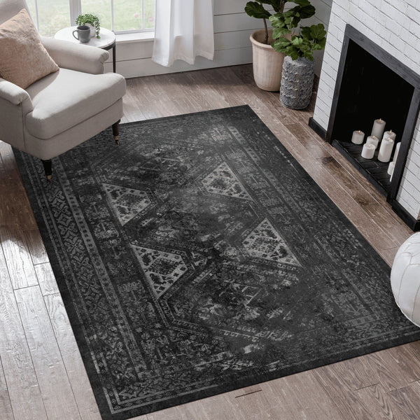 8' x 10' Area Rugs For Living Room, Washable Rug, Low-Pile, Non-Slip, Non-Shedding, Foldable, Kid & Pet Friendly Area Rugs For Living Room, Bedroom, Kitchen, Dining Room - Black / Gray