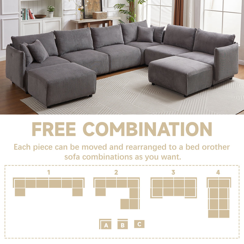 Multi-Module Combination Style Sofa For Living Room, Bedroom And Other Lounge Spaces, Modern Minimalist Corduroy Combination Sofa With 2 Comfort Cushions With USB & C Charging Ports, Two Sets - Gray