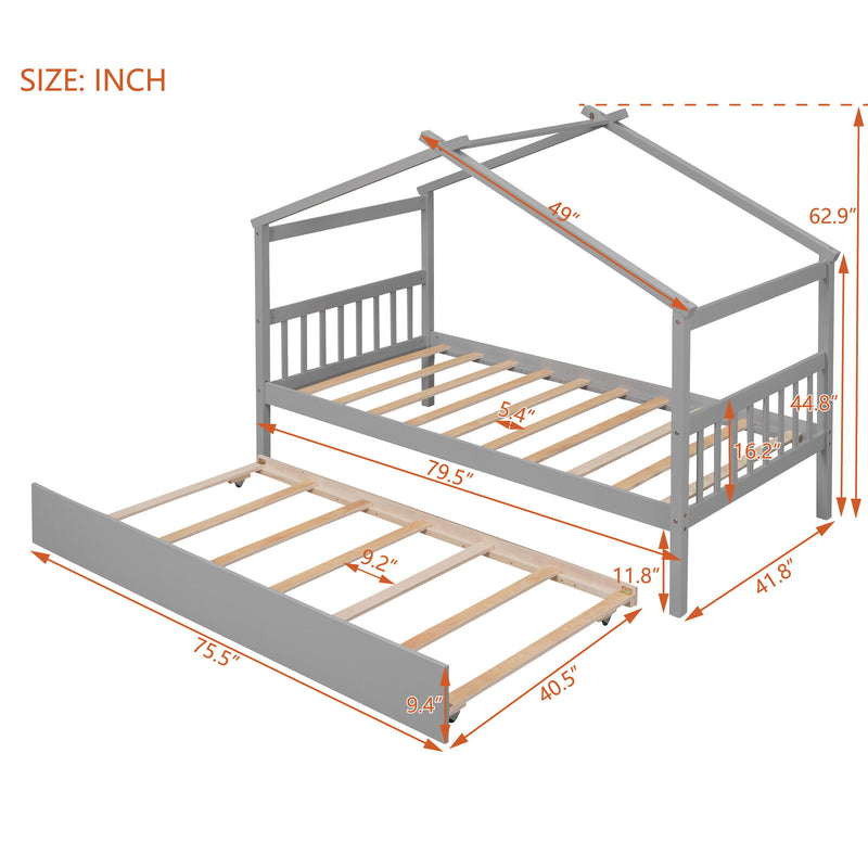 Twin Size Wooden House Bed With Twin Size Trundle - Gray