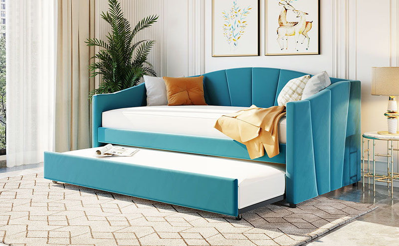 Twin Size Upholstered Daybed Sofa Bed With Trundle Bed And Wood Slat - Blue