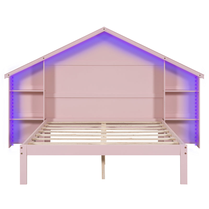 Wood Full Size Platform Bed with House-shaped Storage Headboard and Built-in LED, Pink