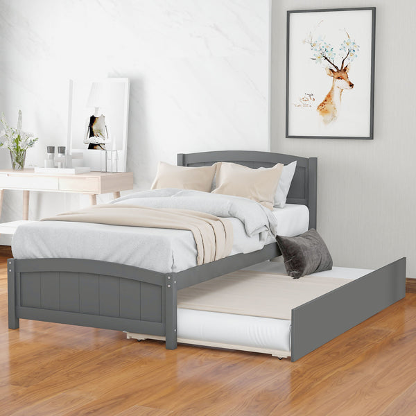 Twin Size, Platform Bed With Trundle - Gray