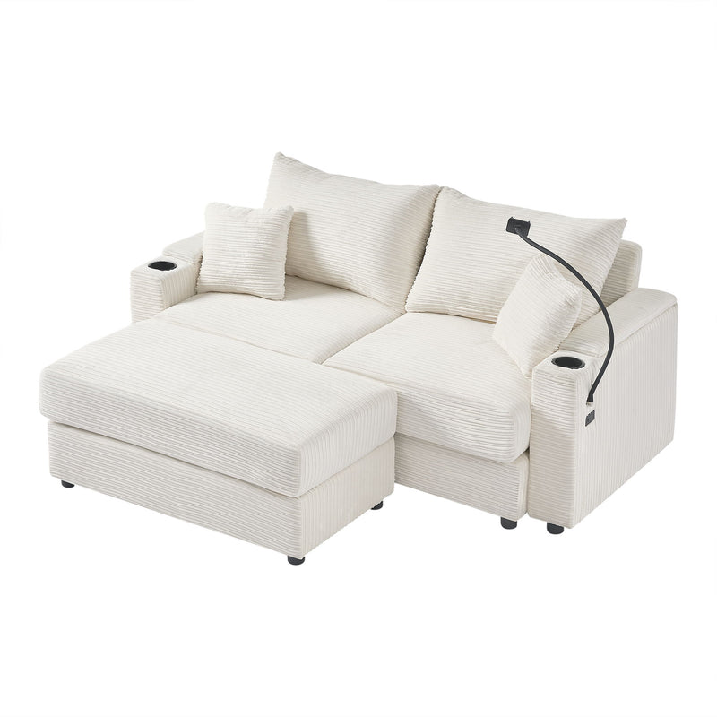 Modern Style Loveseat Sofa Sectional Sofa Couch With Storage Space, A Movable Ottoman, Two USB Ports, Two Cup Holders, A Phone Holder For Living Room