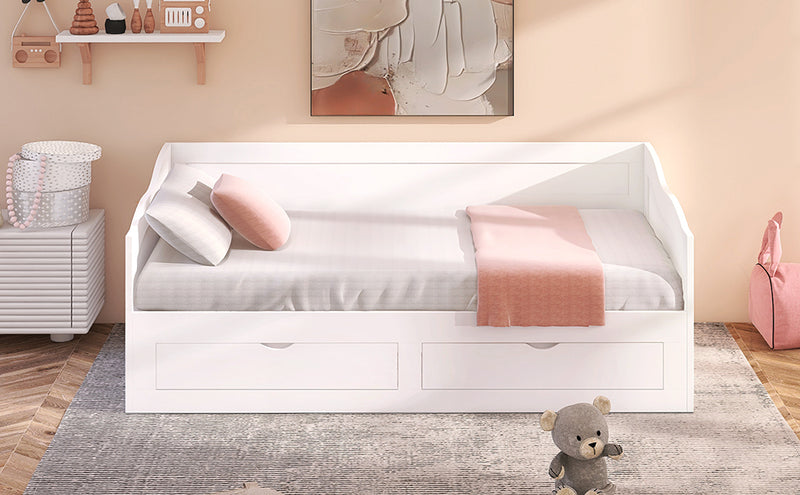 Wooden Daybed with Trundle Bed and Two Storage Drawers , Extendable Bed Daybed,Sofa Bed with Two Drawers, White