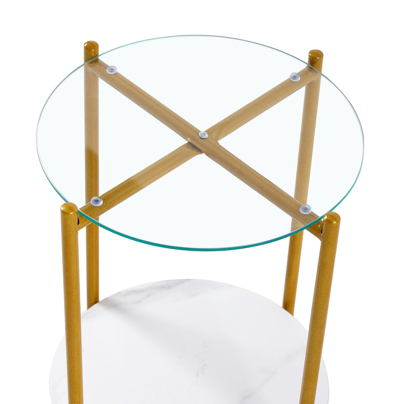 2-Layer End Table With Whole Marble Tabletop, Round Coffee Table With Metal Frame For Bedroom Living Room Office