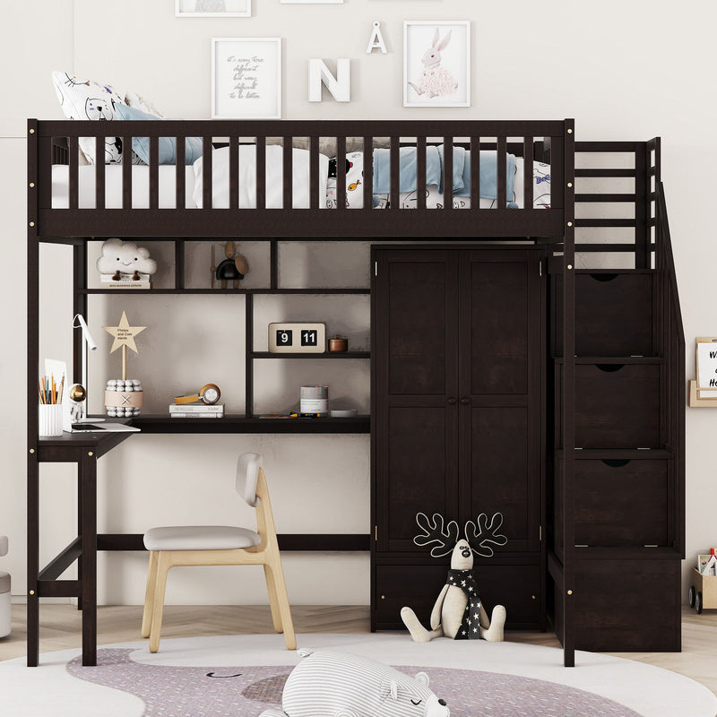 Full Size Loft Bed With Bookshelf, Drawers, Desk, And Wardrobe