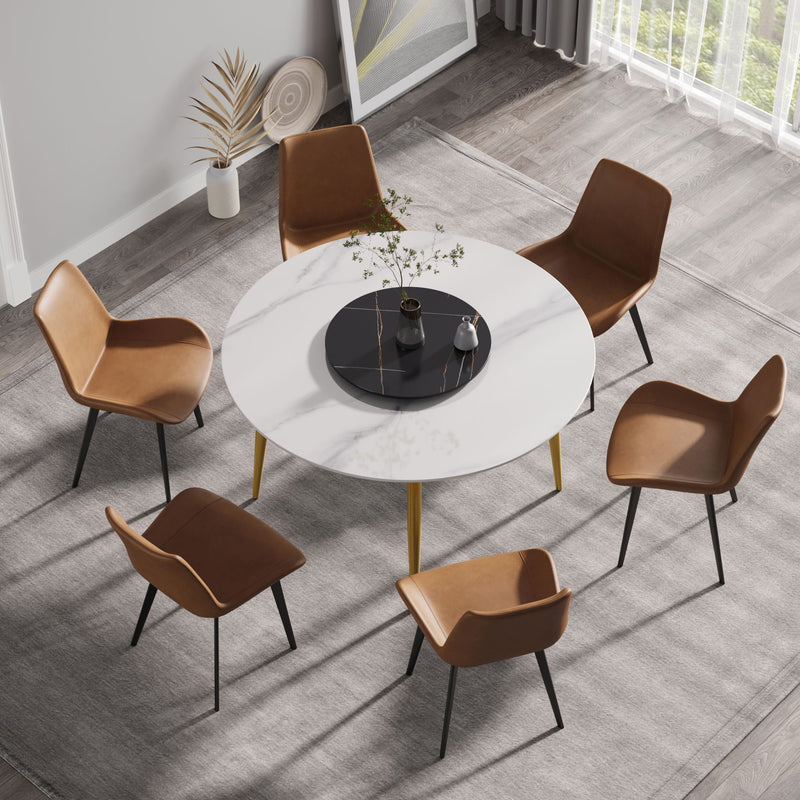 53.15" Modern Artificial Stone Round Golden Metal Dining Table, Can Accommodate 6 People, Artificial Stone Turntable - White / Black