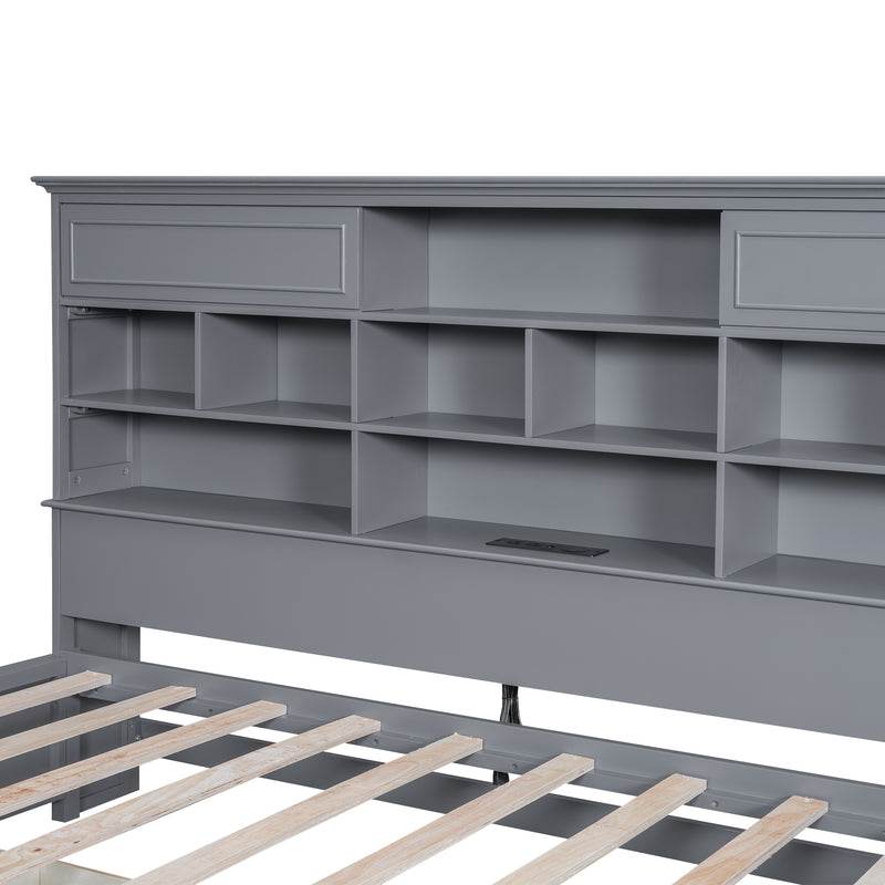 Twin Size Wood Daybed with Multi-Storage Shelves, Charging Station and 3 Drawers, Gray