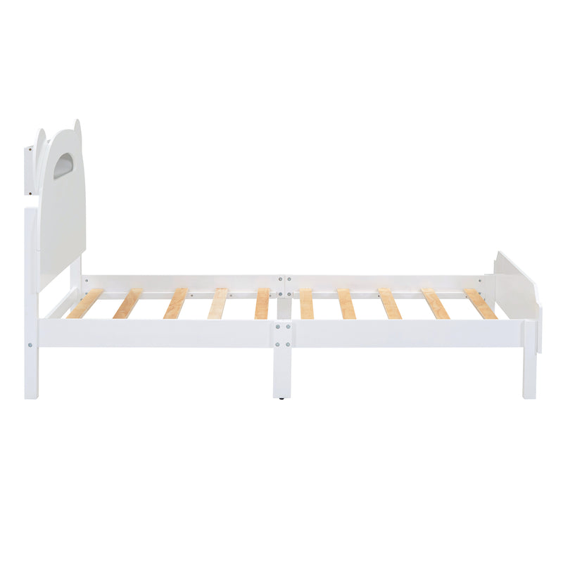 Twin Size Wood Platform Bed with Bear-shaped Headboard,Bed with Motion Activated Night Lights,White