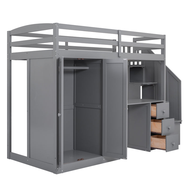 Twin Size Loft Bed with Wardrobe and Staircase, Desk and Storage Drawers and Cabinet in 1,Gray