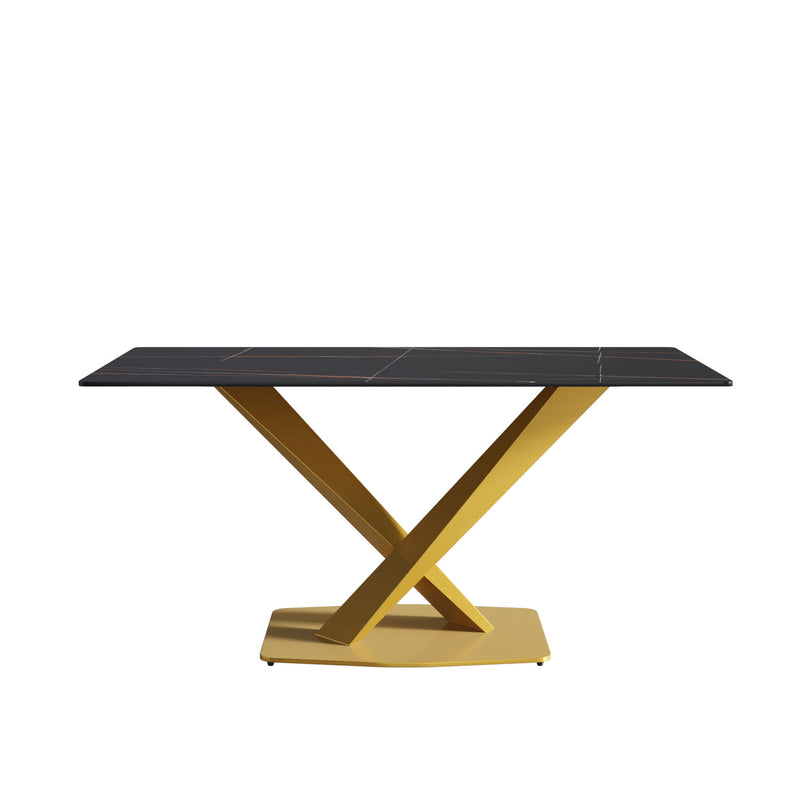 63" Modern Artificial Stone Straight Edge Golden Metal X-Leg Dining Table, 6 People