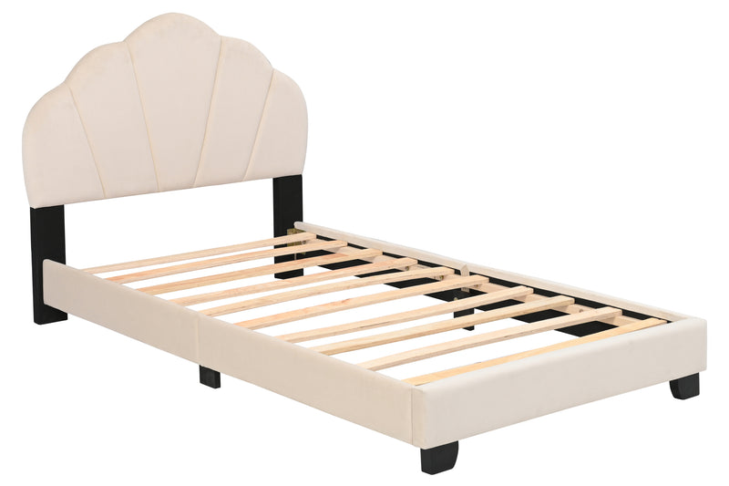 Upholstered Twin Size Platform Bed for Kids, with Slatted Bed Base, No Box Spring Needed, Beige color, Shell Design