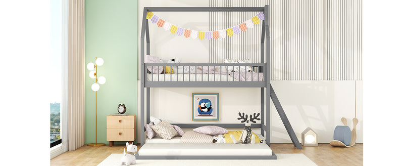 Twin Over Twin-Twin House Bunk Bed with Extending Trundle and Ladder