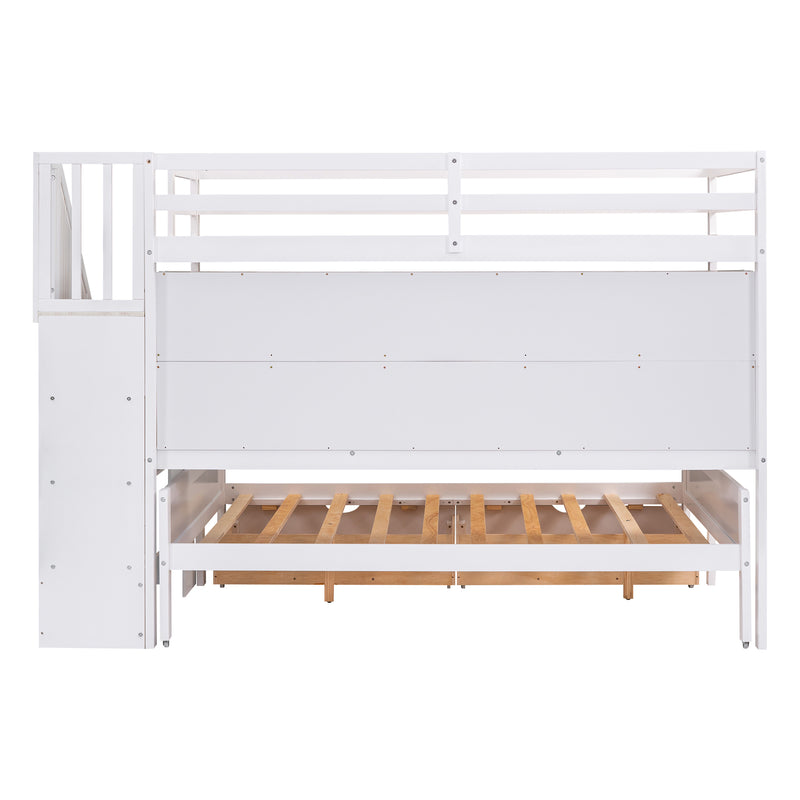 Twin XL over Full Bunk Bed with Built-in Storage Shelves, Drawers and Staircase,White