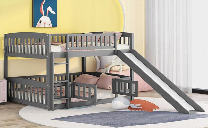 Bunk Bed with Slide,Full Over Full Low Bunk Bed with Fence and Ladder for Toddler Kids Teens Gray