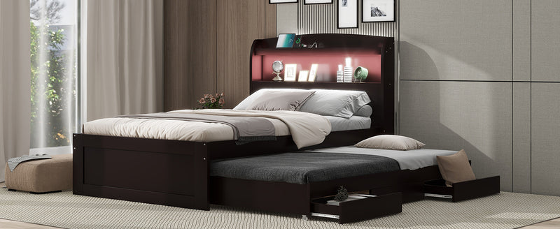 Twin XL Size Platform Bed with Storage LED Headboard, Charging Station, Twin Size Trundle and 2 Drawers, Dark Brown