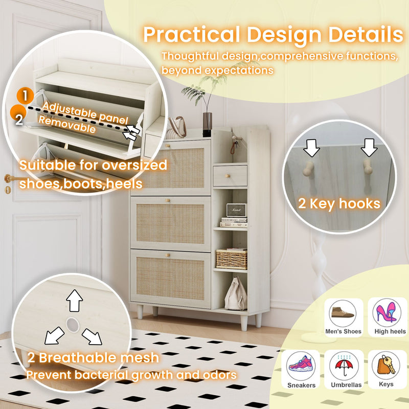 Natural Bohemia Style Shoe Cabinet, Shoe Rack Cabinet With 3 Rattan Flip Drawers, 3 Square Shelves And 1 Storage Drawer, Shoe Organizer With Mulit Storage Space And Hooks For Hallway, Entryway