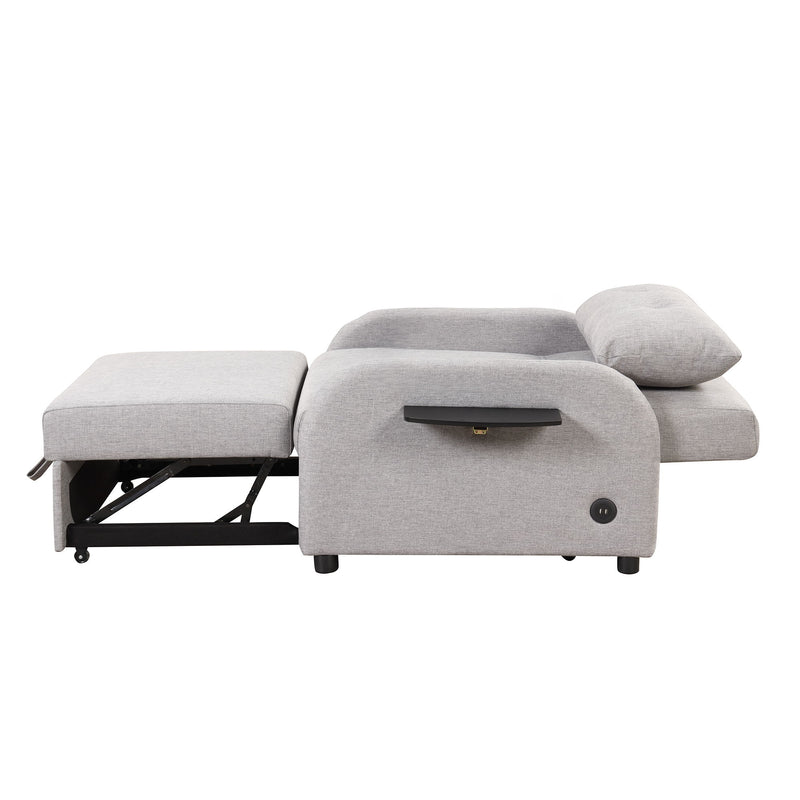 Pull Out Sofa Sleeper 3 In 1 With 2 Wing Table And USB Charge For Nap Line Fabric For Living Room Recreation Room