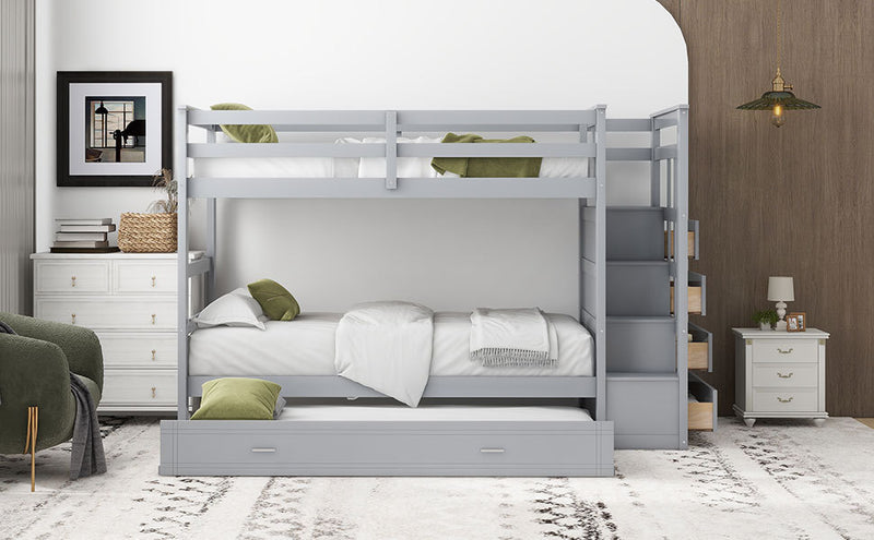 Twin Over Twin Bunk Bed with Trundle and Staircase,Gray(OLD SKU:LT000068AAE)