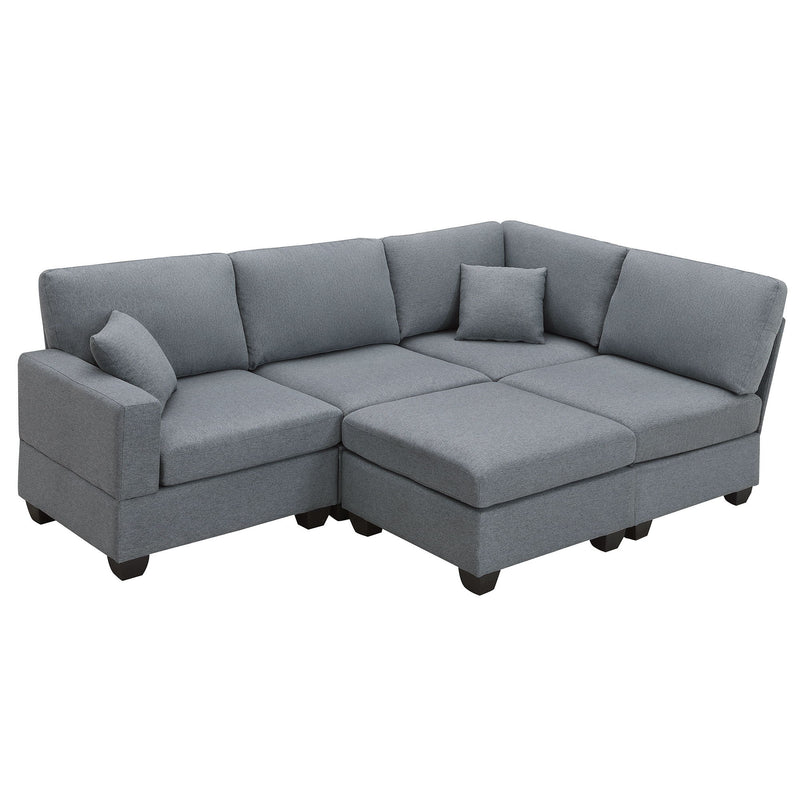 Modern Sectional Sofa, 5-Seat Modular Couch Set With Convertible Ottoman, L-Shape Linen Fabric Corner Couch Set With 2 Pillows For Living Room, Apartment, Office