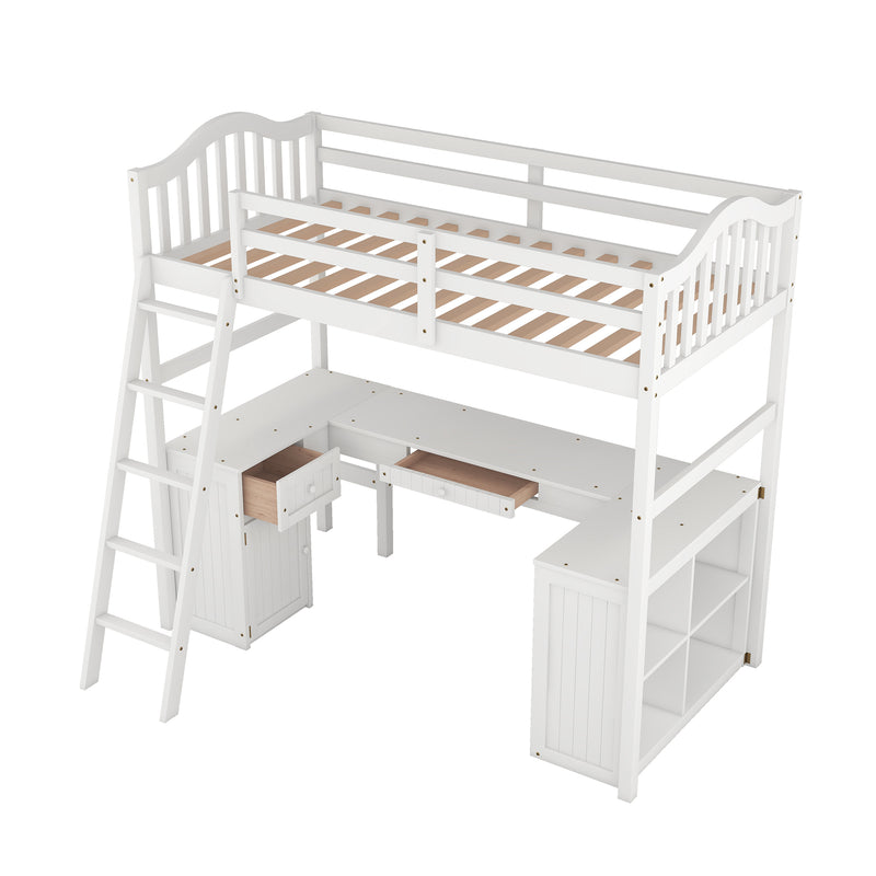 Twin size Loft Bed with Drawers, Cabinet, Shelves and Desk, Wooden Loft Bed with Desk - White(OLD SKU :LT000505AAK)