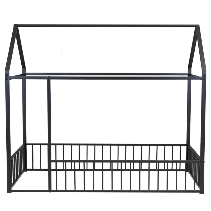 Twin Size Metal Bed House Bed Frame with Fence, for Kids, Teens, Girls, Boys, Black