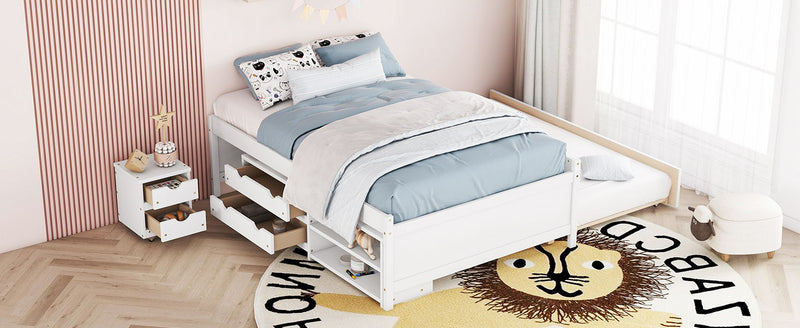 Versatile Full Bed With Trundle, Under Bed Storage Box And Nightstand - White