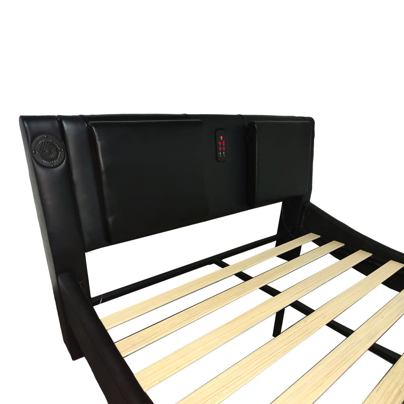 Queen Size Upholstered Platform Bed Frame With LED Lighting, Bluetooth Connection To Play Music Control, Backrest Vibration Massage, Curve Design, Wood Slat Support, Exhibited Speakers - Black