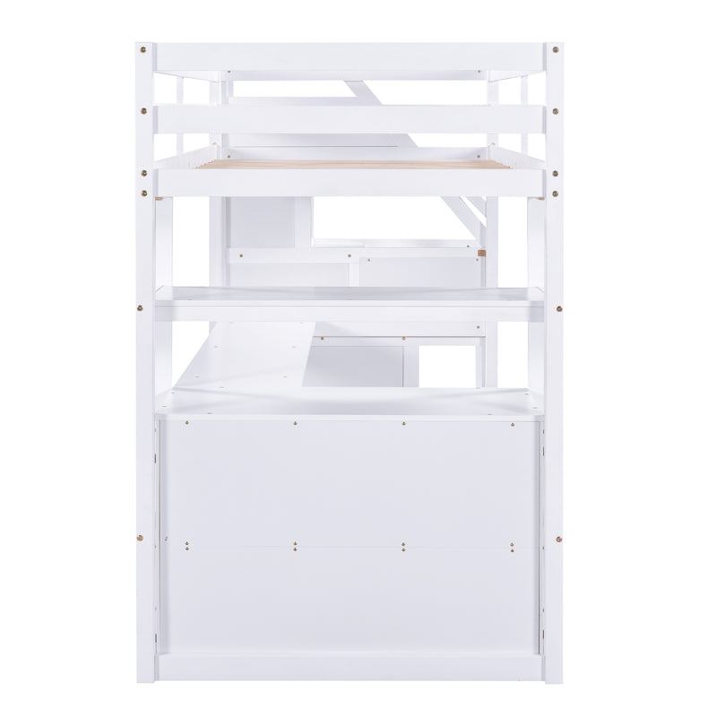 Twin Size Loft Bed with Desk and Shelves, Two Built-in Drawers, Storage Staircase, White