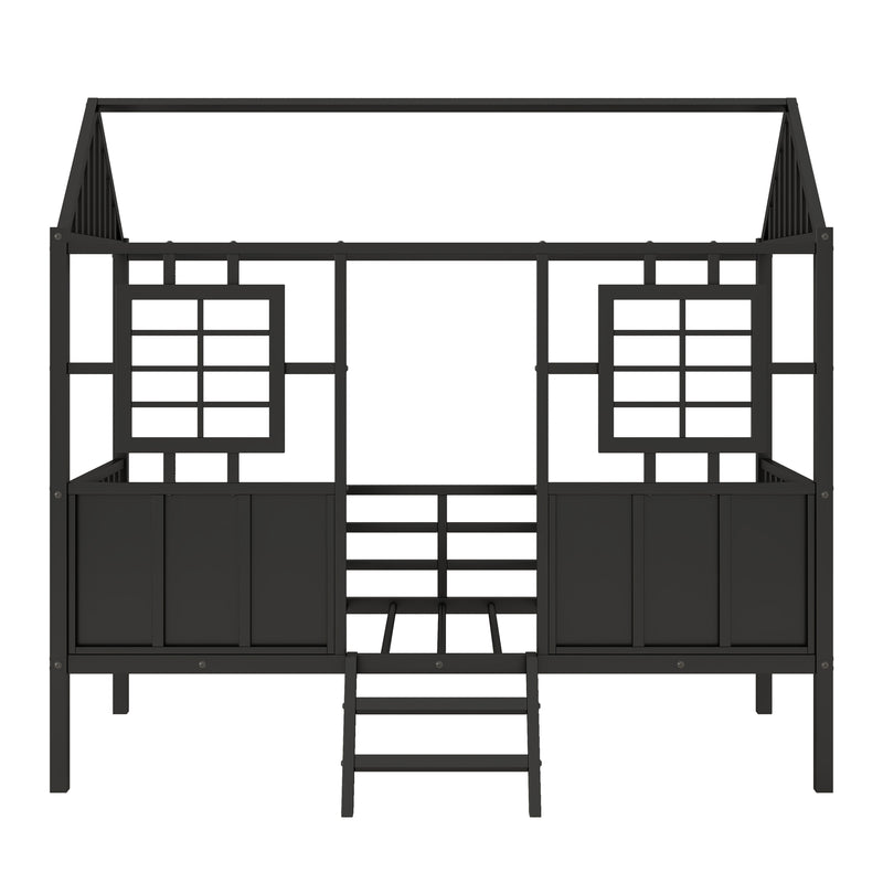 Twin Size Metal Low Loft House Bed with Roof and Two Front Windows , Black