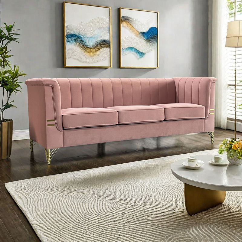 FX-P82-PK(SOFA) Modern Designs Velvet Upholstered Living Room Sofa, 3 Seat Sofa Couch With Golden Metal Legs For Home, Apartment Or Office - Pink