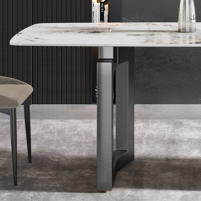 70.87" Modern Artificial Stone Pandora White Curved Black Metal Leg Dining Table, Can Accommodate 6-8 People - Antique White