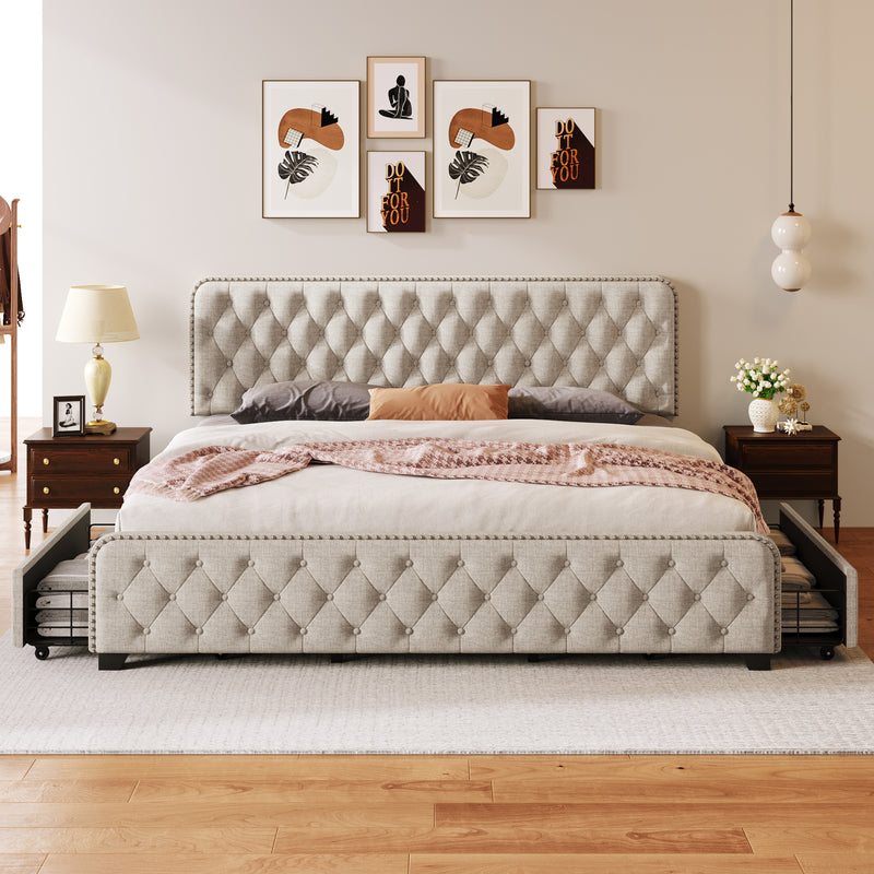 Upholstered Platform Bed Frame with Four Drawers, Button Tufted Headboard and Footboard Sturdy Metal Support, No Box Spring Required, Beige, King (Old sku:BS300277AAA)