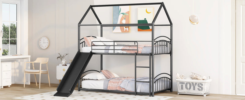 Twin Over Twin Metal Bunk Bed With Slide,Kids House Bed Black