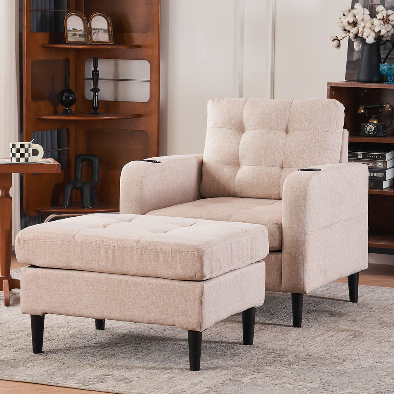 Beige Upholstered Armchair And Storage Ottoman Set, Comfortable Single Sofa With Cup Holders And Tufted Detailing, Ideal For Living Room Or Bedroom - Beige