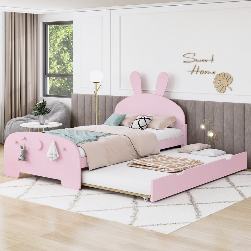 Wood Twin Size Platform Bed with Cartoon Ears Shaped Headboard and Trundle, Pink