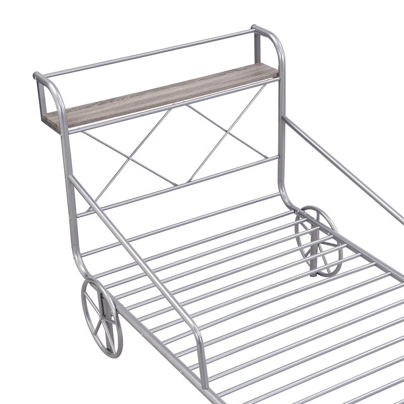 Twin Size Metal Car Bed with Four Wheels, Guardrails and  X-Shaped Frame Shelf, Silver(Old SKU: MF297599AAN)