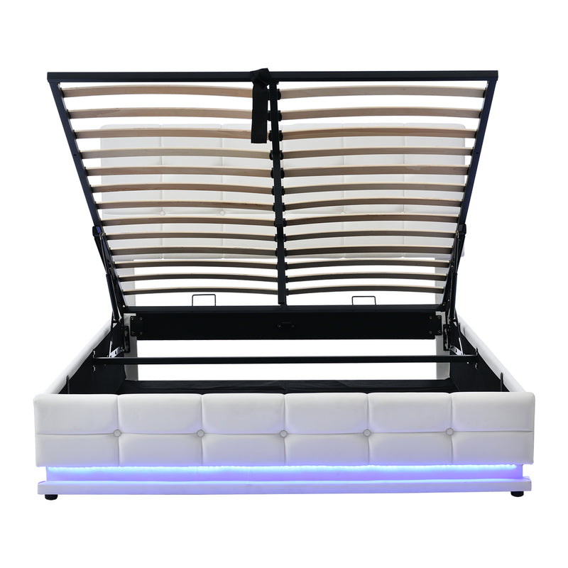 Tufted Upholstered Platform Bed with Hydraulic Storage System,Queen Size PU Storage Bed with LED Lights and USB charger, White