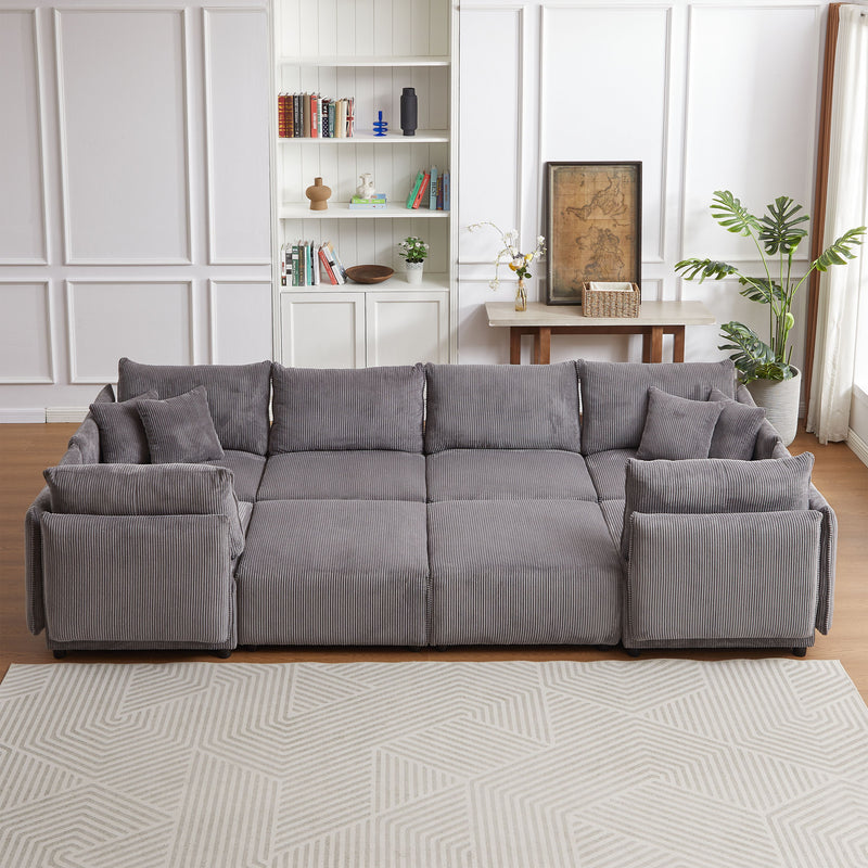 Multi-Module Combination Style Sofa For Living Room, Bedroom And Other Lounge Spaces, Modern Minimalist Corduroy Combination Sofa With 2 Comfort Cushions With USB & C Charging Ports, Two Sets