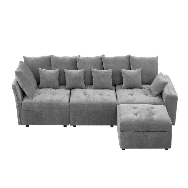 Sectional Sofa Modular Sofa Couch With Three USB Ports, A Removable Storage Ottoman And Five Back Pillows For Living Room