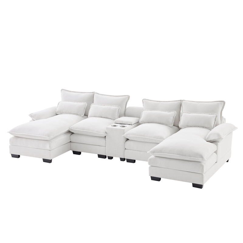 Modern U Shaped Sofa With Console, Cupholders And USB Ports, 6 Seat Upholstered Symmetrical Indoor Furniture, Sleeper Couch Set With Chaise For Living Room, Apartment, 2 Colors - White