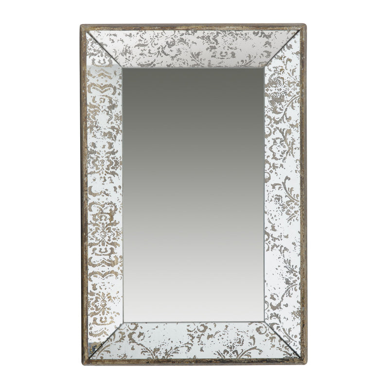 Rectangle Wall Mirror With Floral Accents, Mirrored Display Tray, Hanging Mirror - Antique Silver