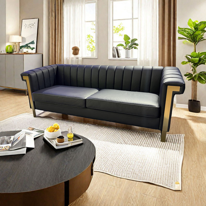 Sofa Modern Sofa With Gold Accents, Sleek Channel-Tufted Upholstery, 3 Seat Couch For Living Room And Office Decor