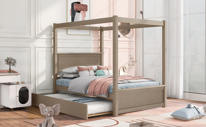 Wood Canopy Bed with Trundle Bed ,Full Size Canopy Platform bed With  Support Slats .No Box Spring Needed, Brushed  Light Brown